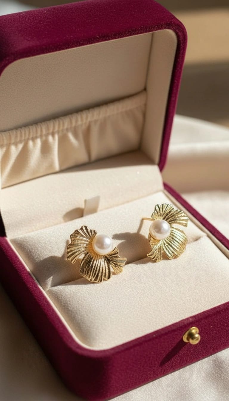 Golden Ginkgo Anti-Tarnish Pearl Statement Studs