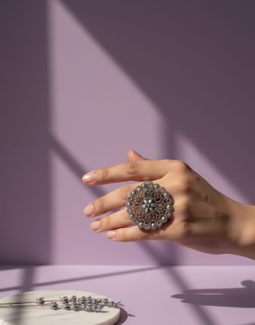Moonflower Oxidized Cocktail Ring