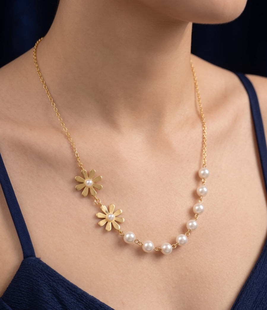 Gold Daisy Pearl Charm Necklace